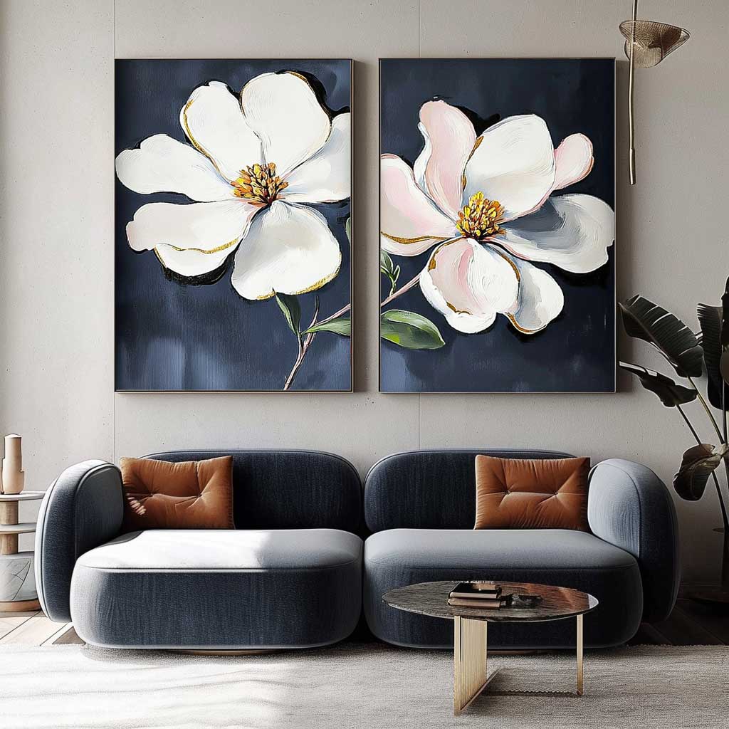 Set of 2 Floral Painting on Canvas 3D Blossom Textured Wall Art Flower Pastel Impasto Botanical Home Decor
