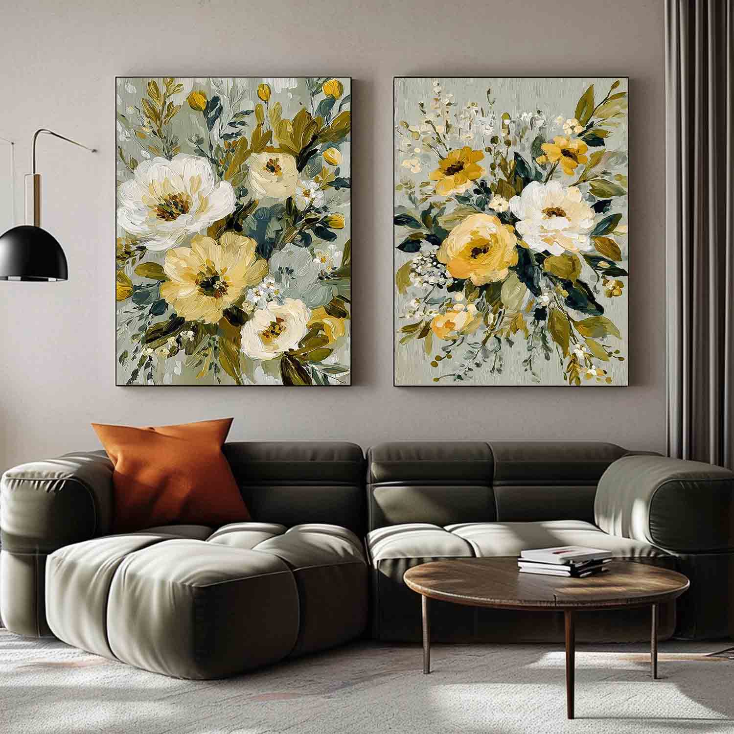Floral Canvas Wall Art Set of 2 Modern Impressionist Flower Painting Muted Sage Green & Yellow Wildflower Art