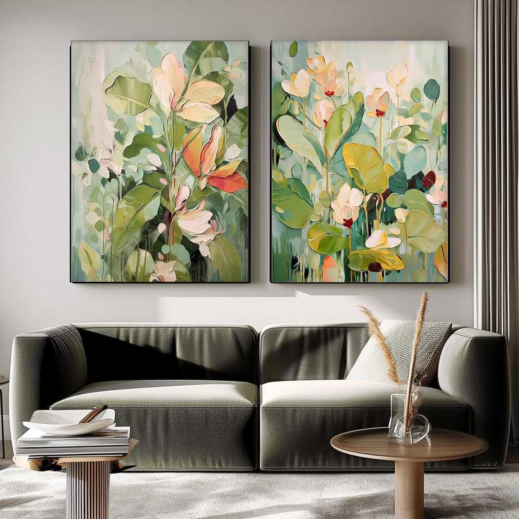 Set of 2 Green Abstract Oil Paintings Contemporary Flower Canvas Wall Art Floral Spring Artwork