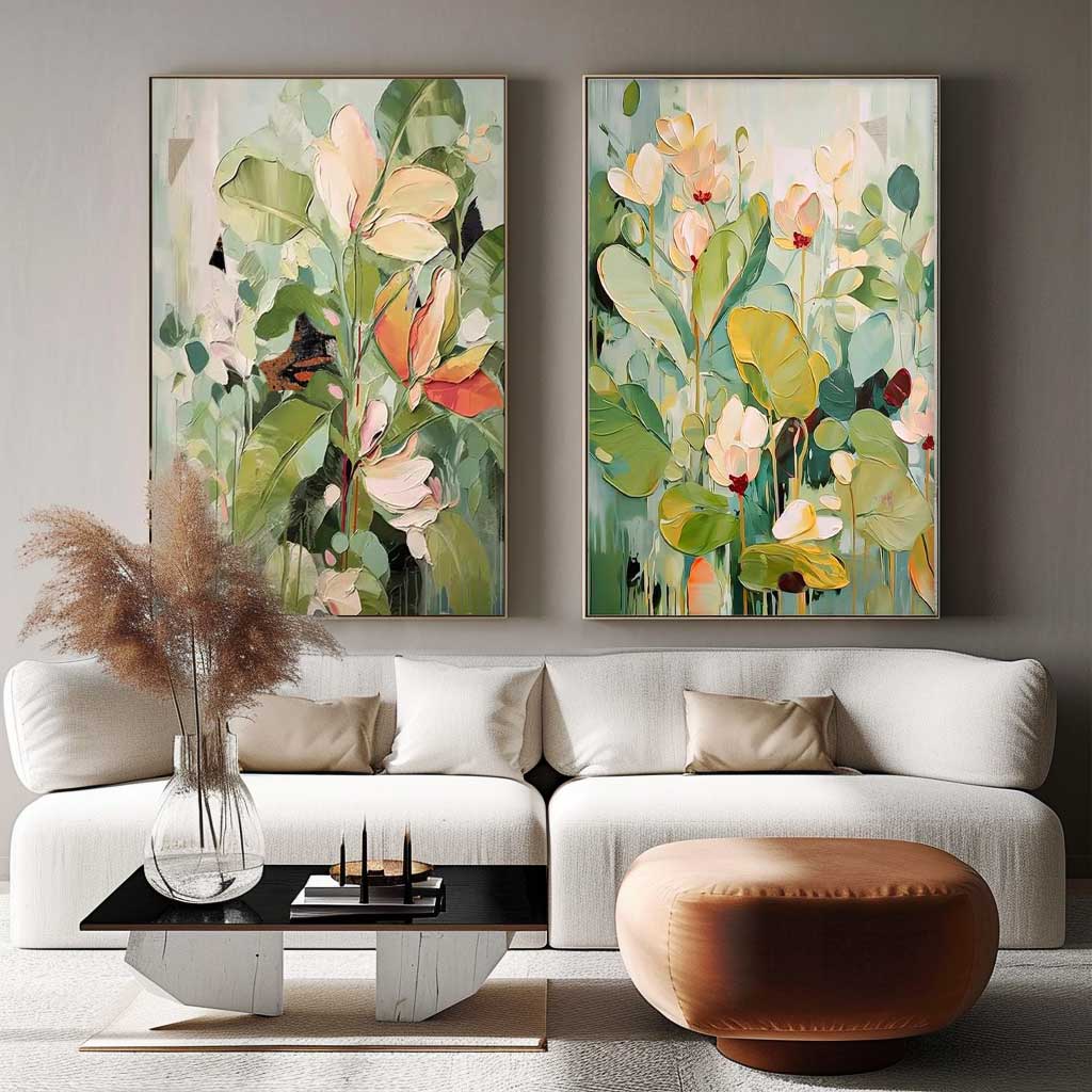 Set of 2 Green Abstract Oil Paintings Contemporary Flower Canvas Wall Art Floral Spring Artwork