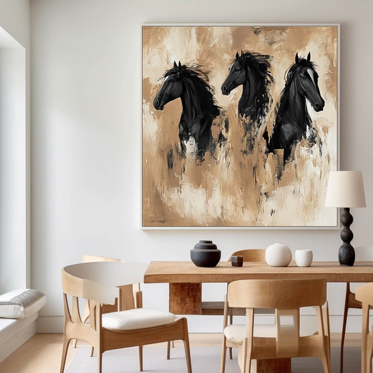 Large Retro Animal Artwork Home Decor Original Abstract Three Horse Wall Art Square Oil Painting Canvas