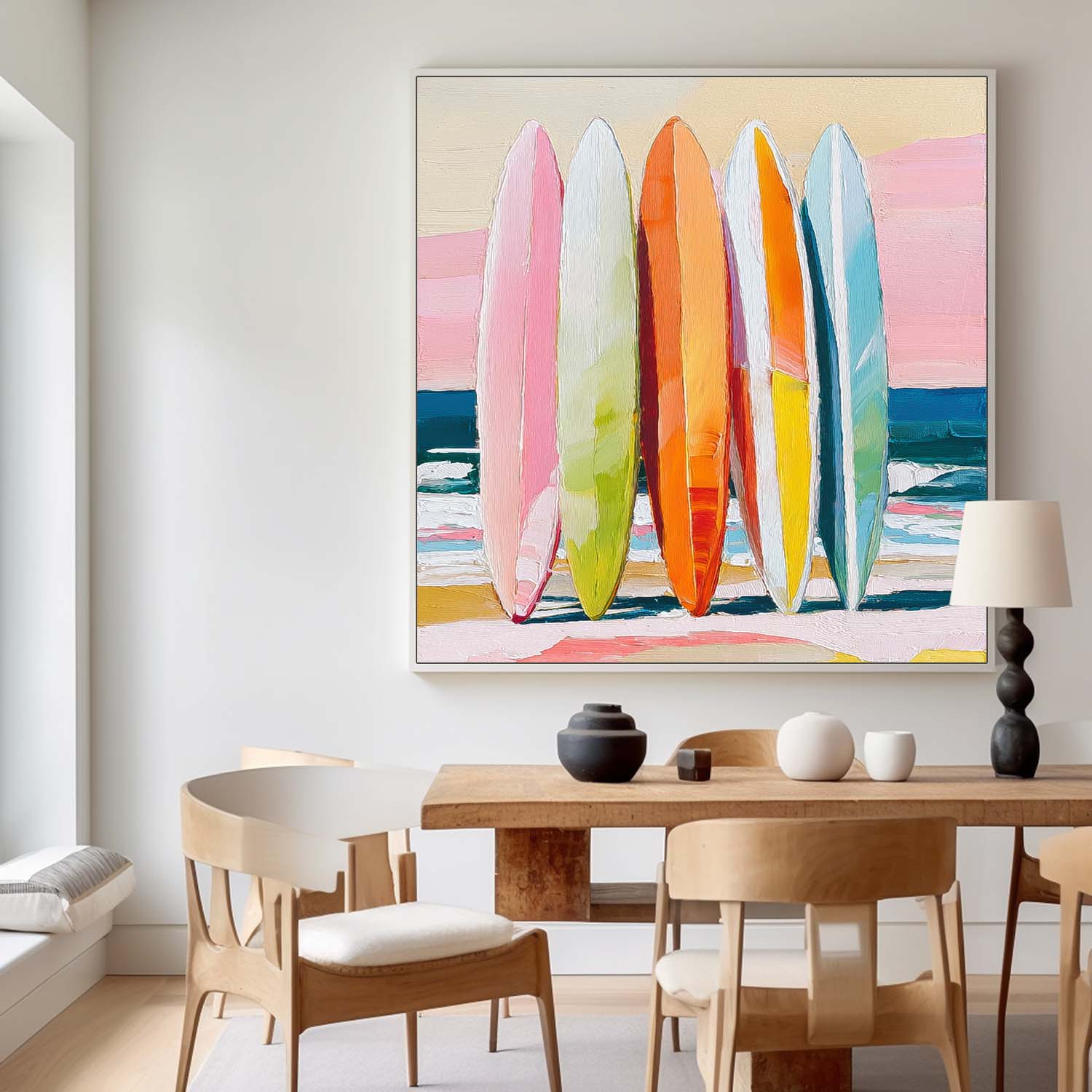 Abstract Beach Surfboard Scenery Oil Painting Framed Seaside Landscape Artwork Large Wall Art Home Decor