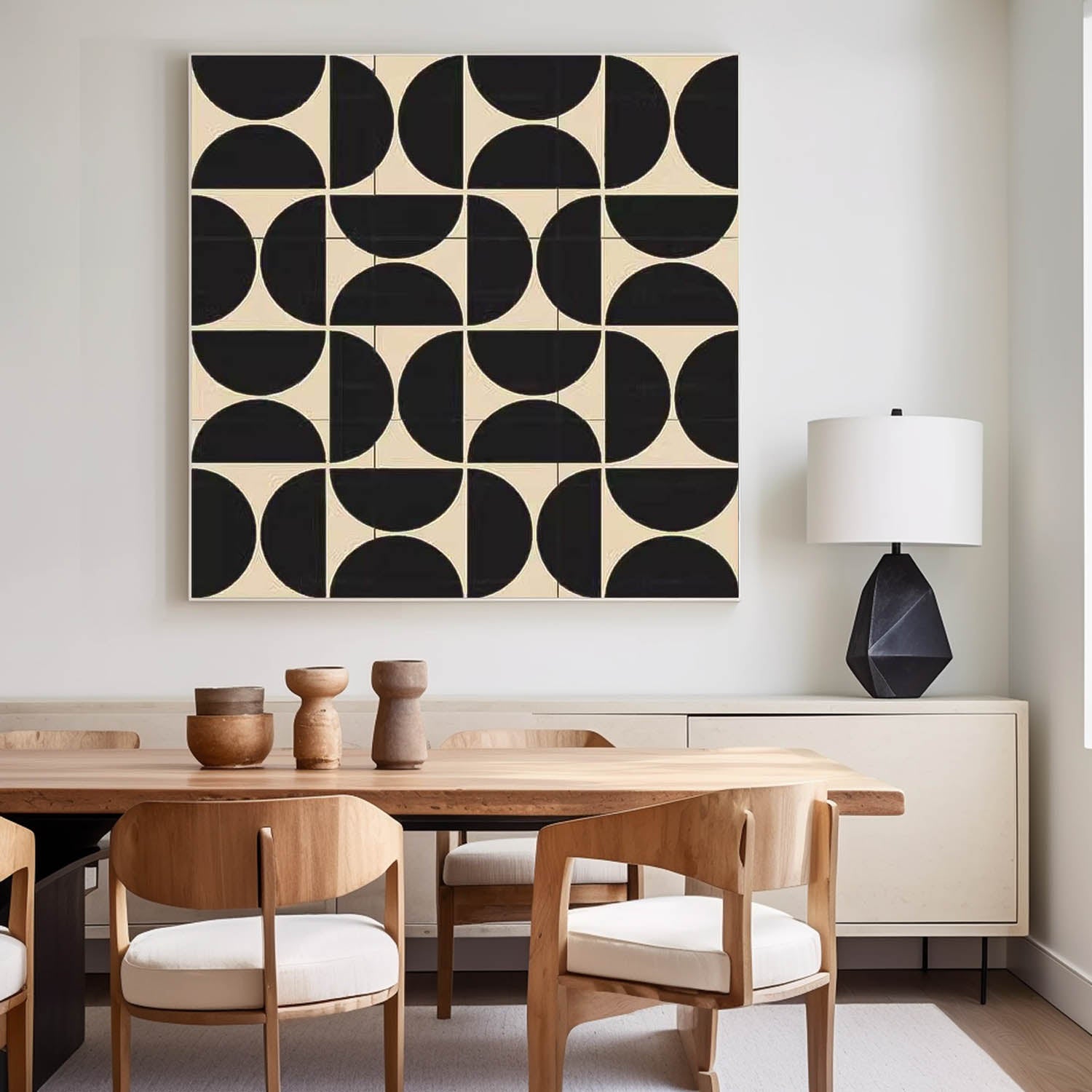 Black Geometry Modern Minimalist Canvas Acrylic Painting Large Regular Semicircle Abstract Artwork