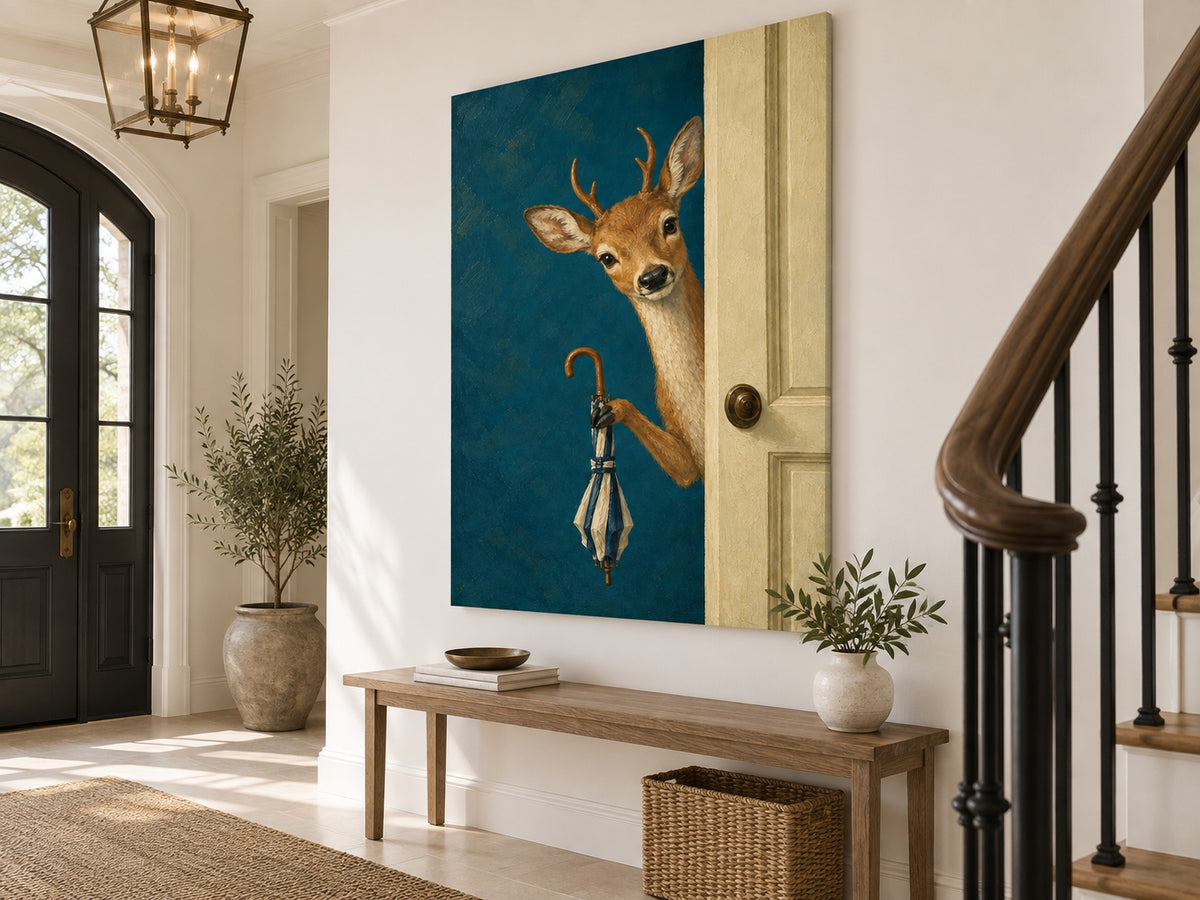 Modern Fantasy Deer Painting Teal Background Handmade Canvas Art