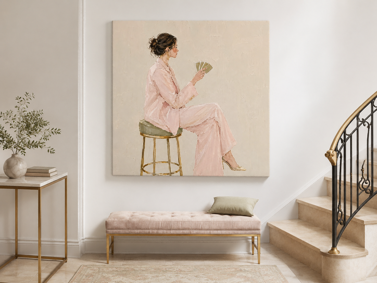 Chic Feminine Portrait Oil Painting Gold Stool Minimalist Art For Lounge Areas