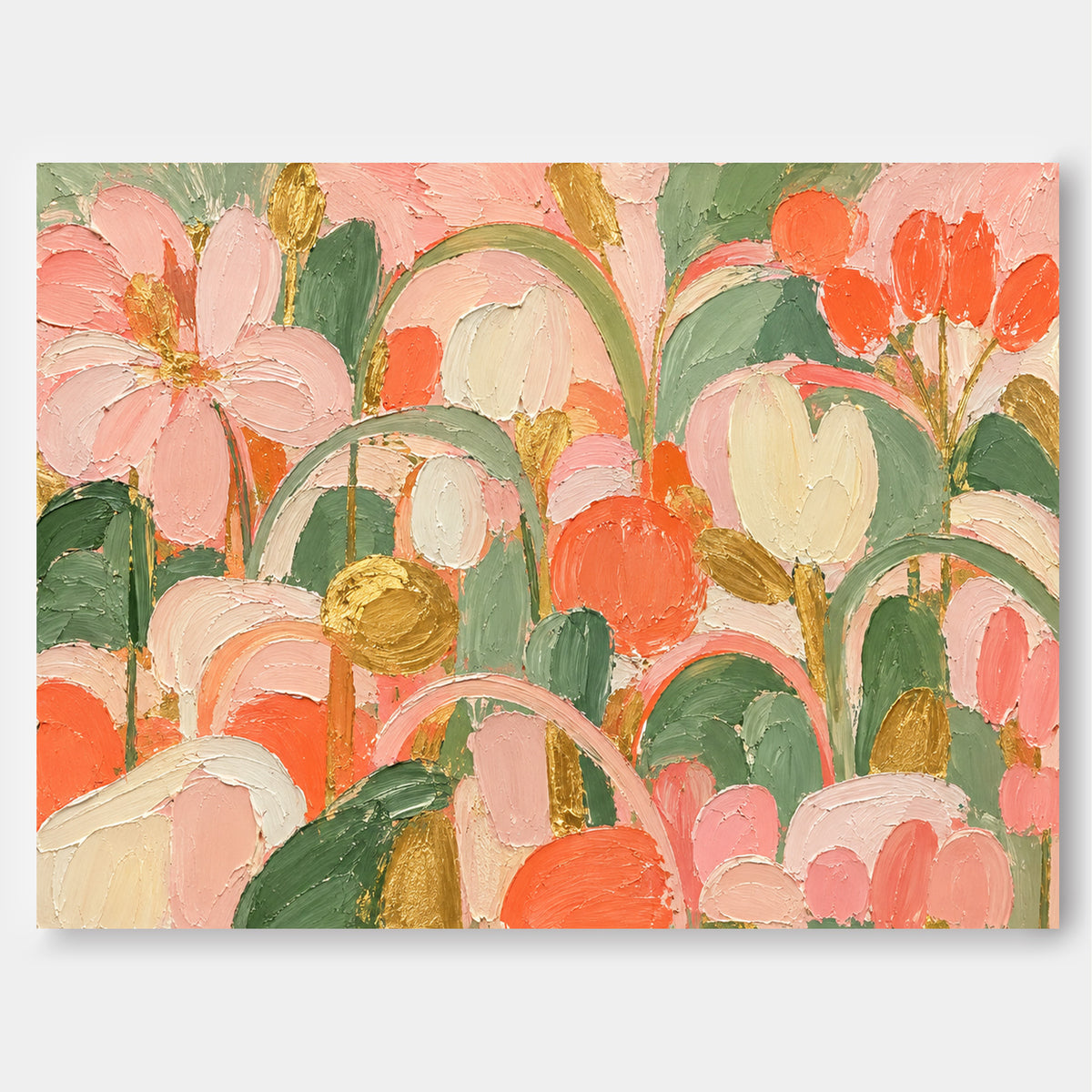 Abstract Floral Canvas Painting With Gold Leaf Accents For Modern Home Decor