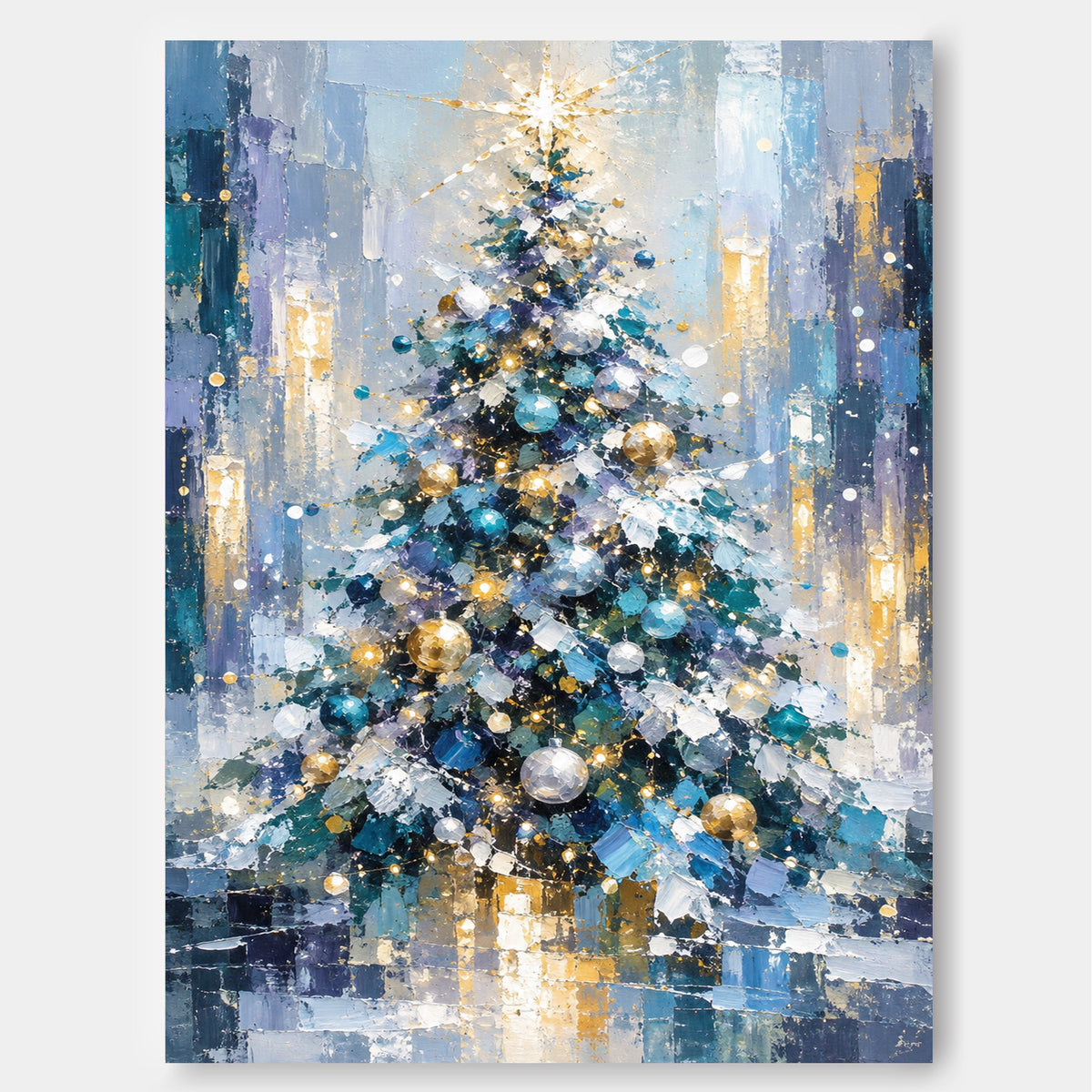 Textured Abstract Art With Vintage Touch Abstract Blue And Gold Christmas Tree Canvas Painting Hand-Painted Modern Holiday Wall Art