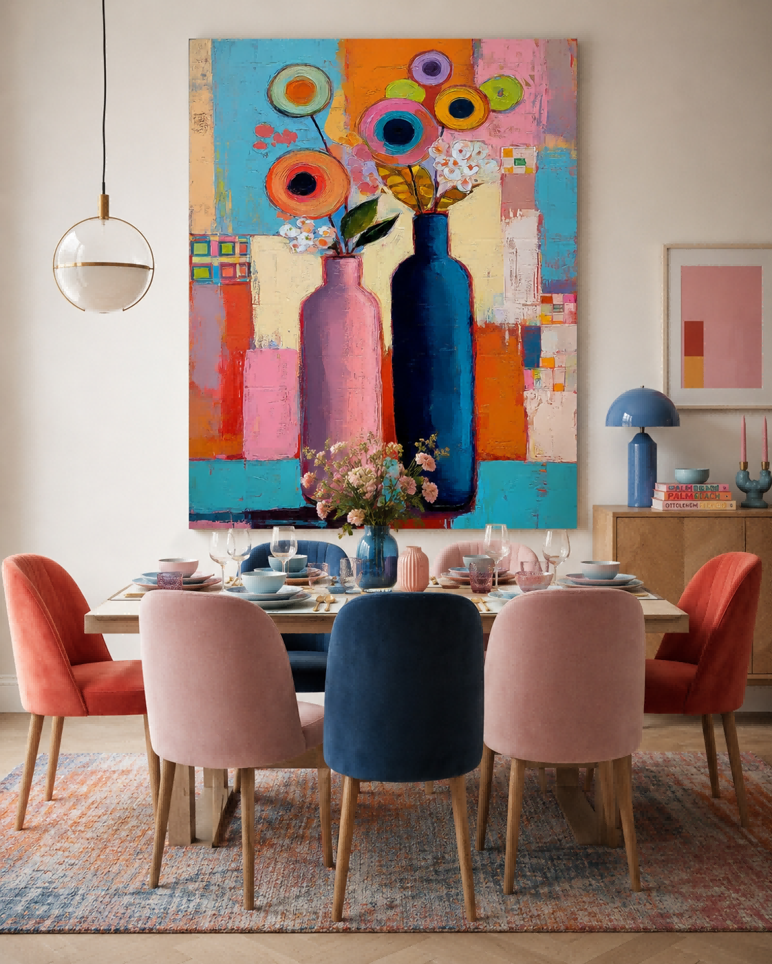 Modern Pop Art Style Floral Canvas With Geometric Shapes And Bold Colors For Contemporary Interiors