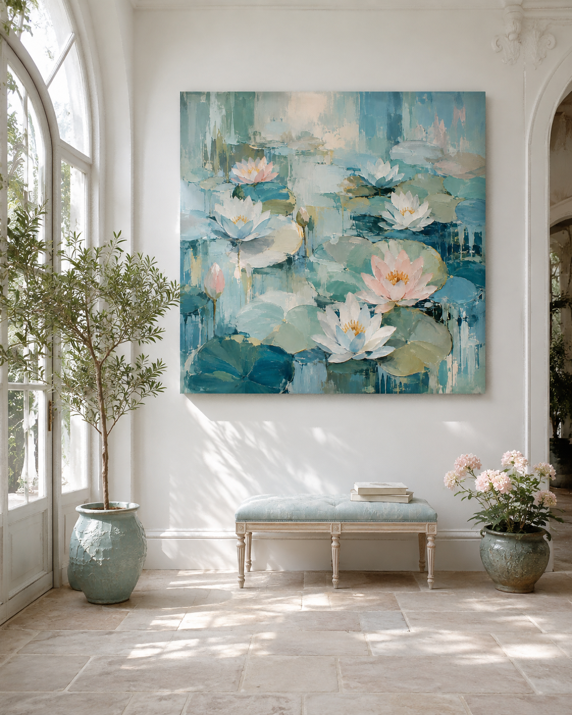 Hand-Painted Water Lilies Abstract Canvas Art With Blue And Pink Tones Hand-Painted Water Lilies Abstract Canvas Art With Blue And Pink Tones