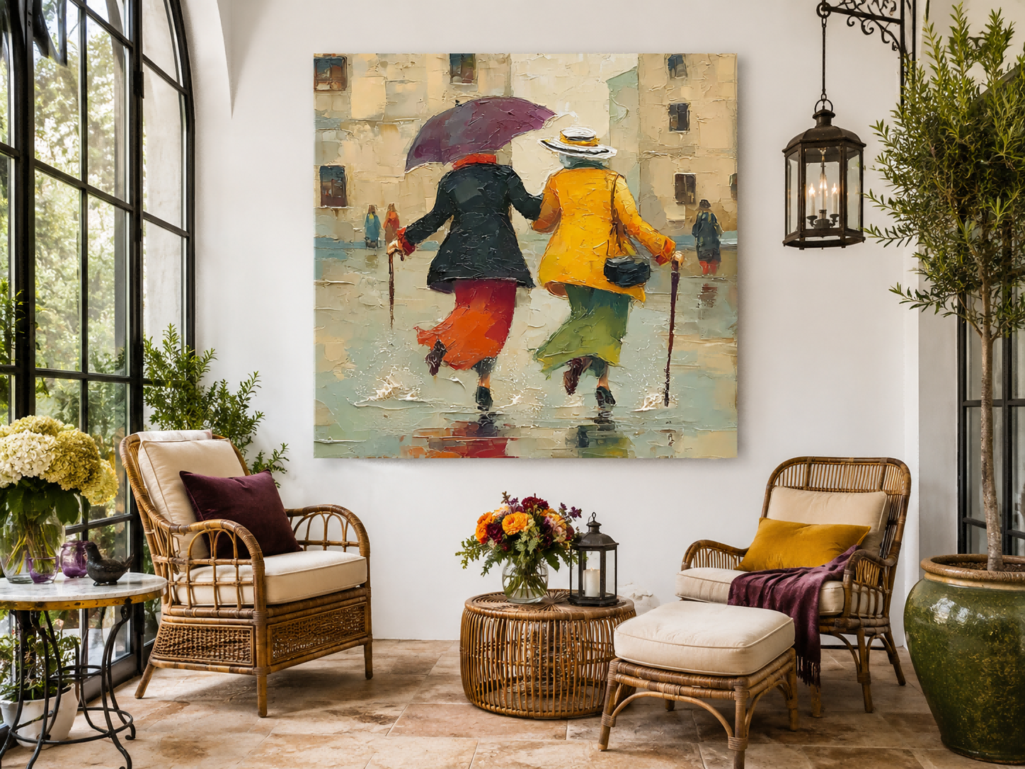 Vintage Style Canvas Art Depicting Joyful Friendship And Rainy Day City Life Square Wall Decor