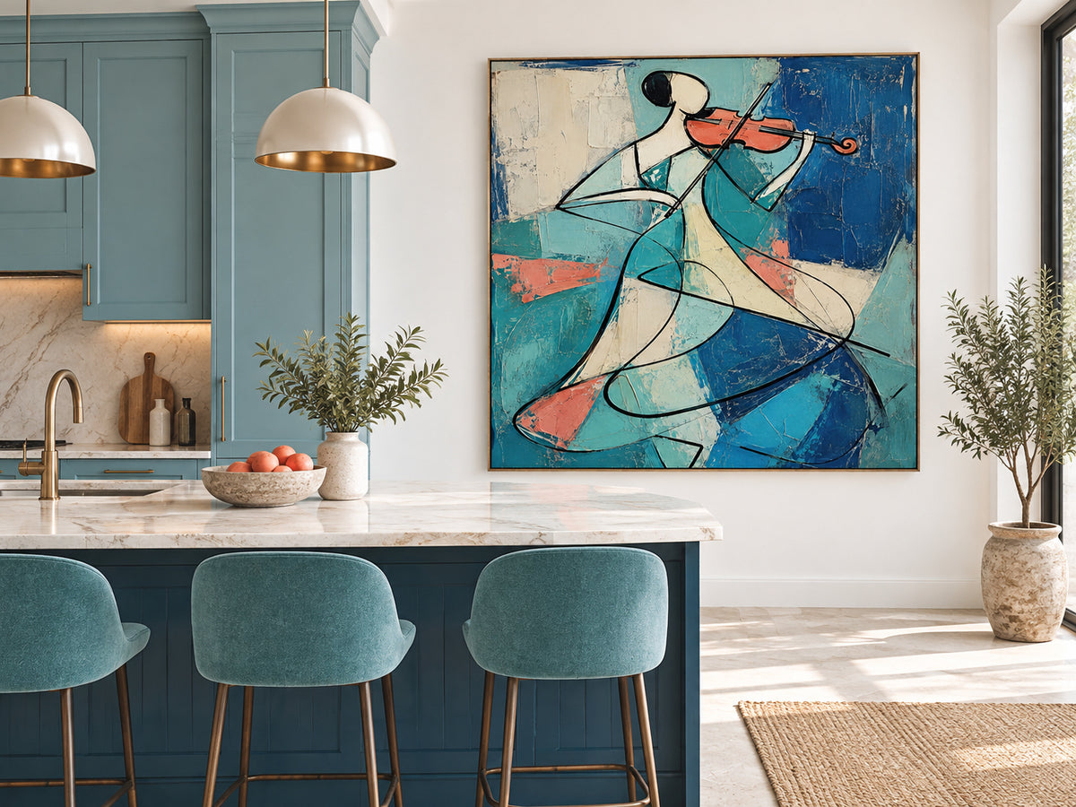 Cubist Style Geometric Abstract Painting With Textured Blue And Orange Tones