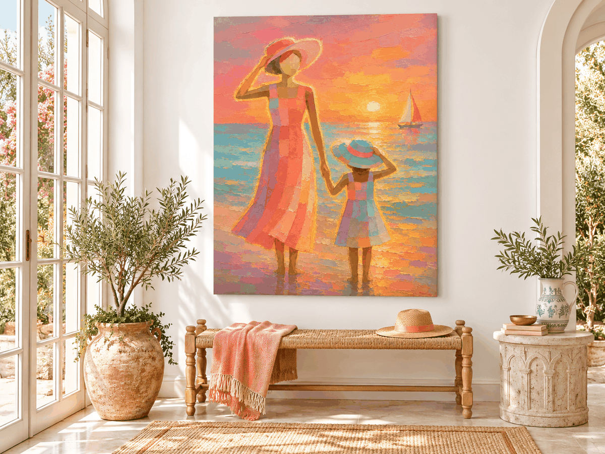 Mother And Daughter Sunset Beach Hand-Painted Canvas Art With Sailboat