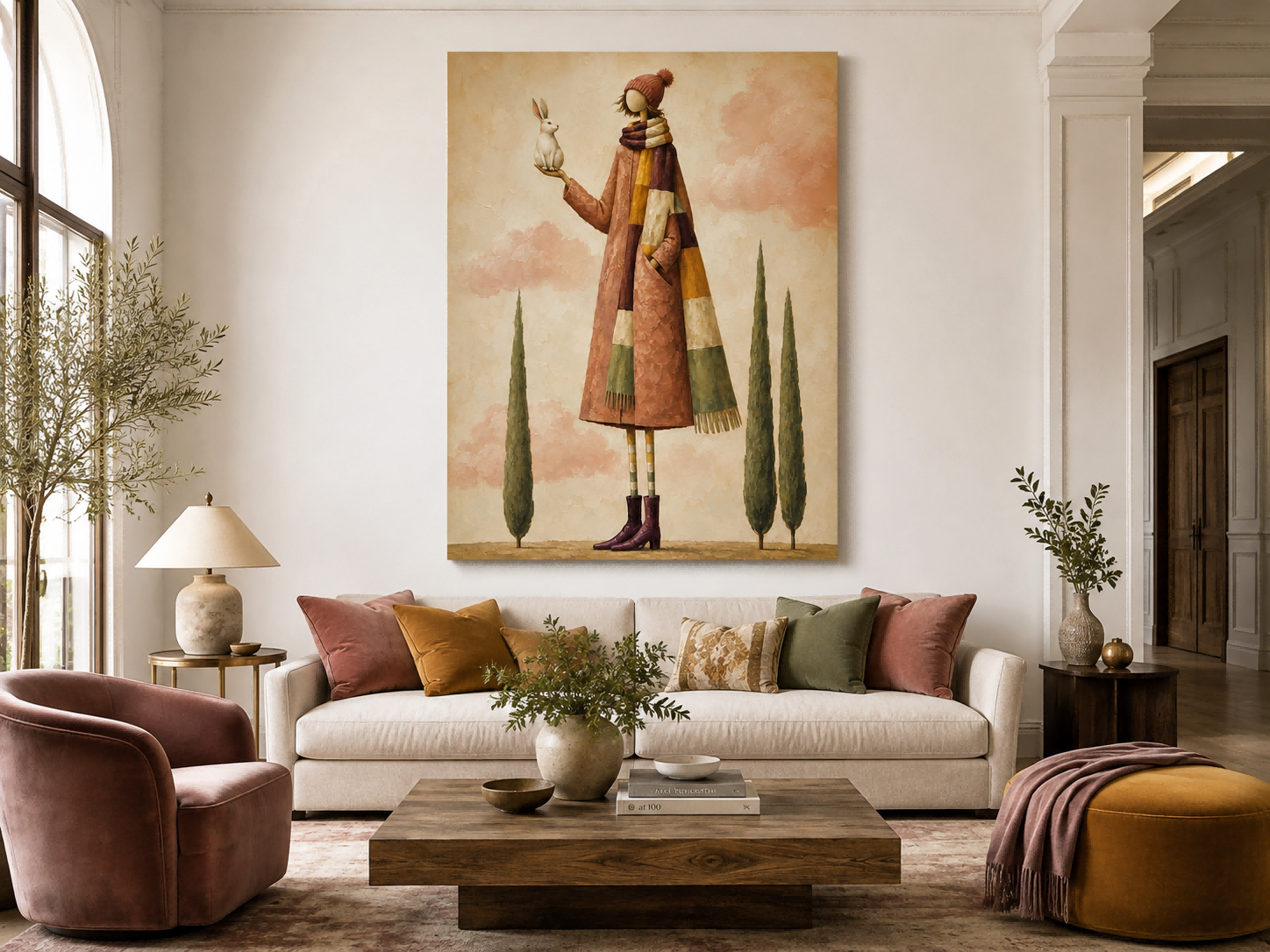 Surrealist Fantasy Oil Painting Of A Girl In A Long Coat With A White Hare