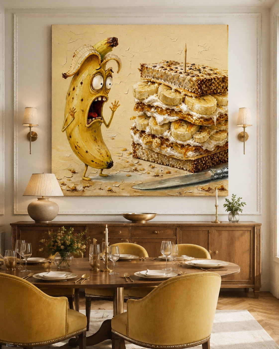 Cute Pop Surrealism Oil Painting Of Funny Banana And Sandwich For Home