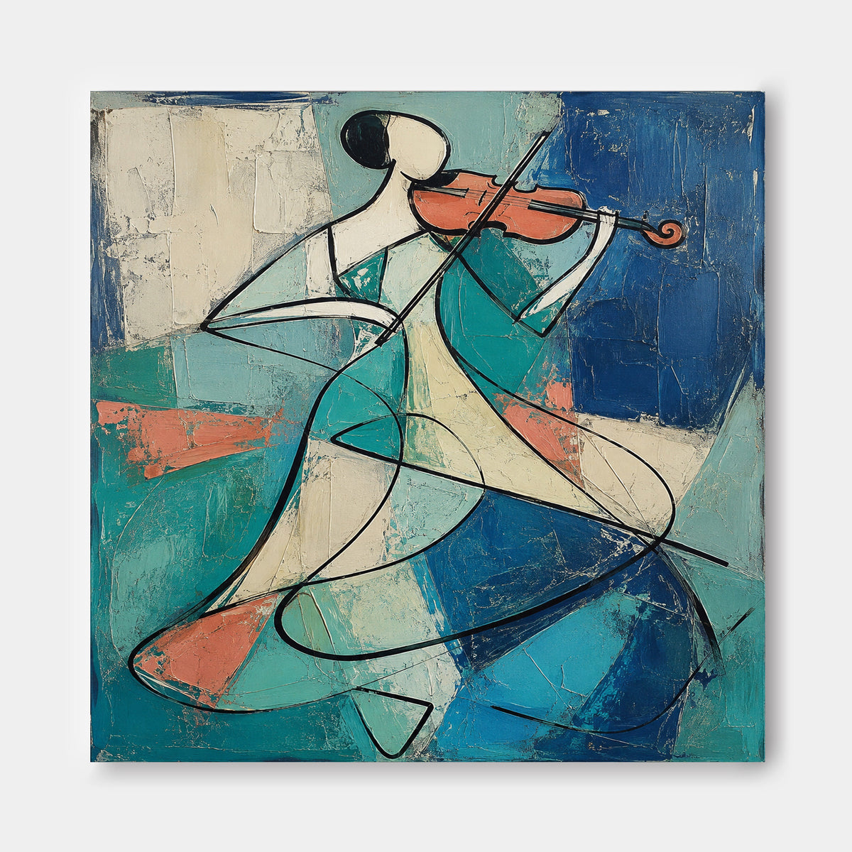 Cubist Style Geometric Abstract Painting With Textured Blue And Orange Tones