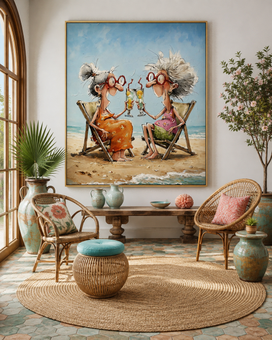 Colorful Illustrative Canvas Art Featuring Funny Seniors At The Beach In Orange And Pink