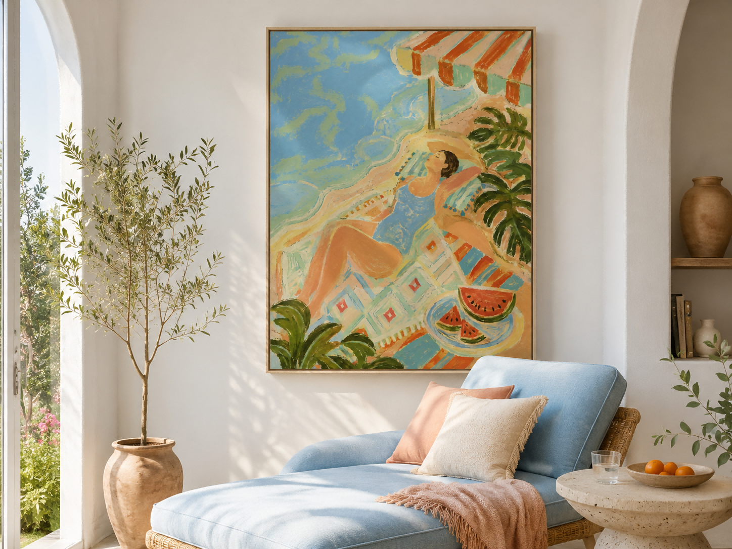 Dreamy Art Deco Style Painting With Ocean And Tropical Elements