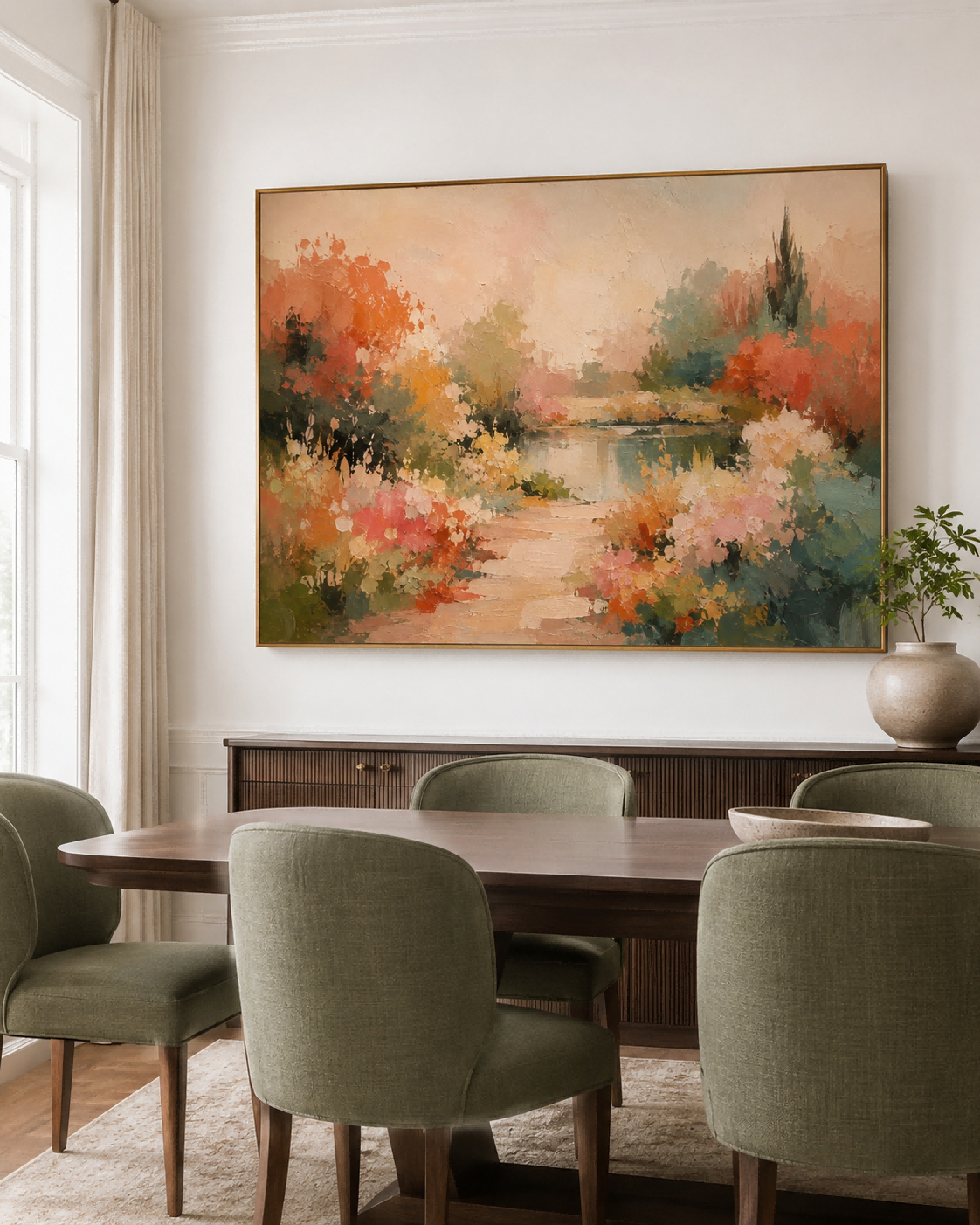 Autumn Garden Path Hand-Painted Canvas Art With Warm Orange Tones