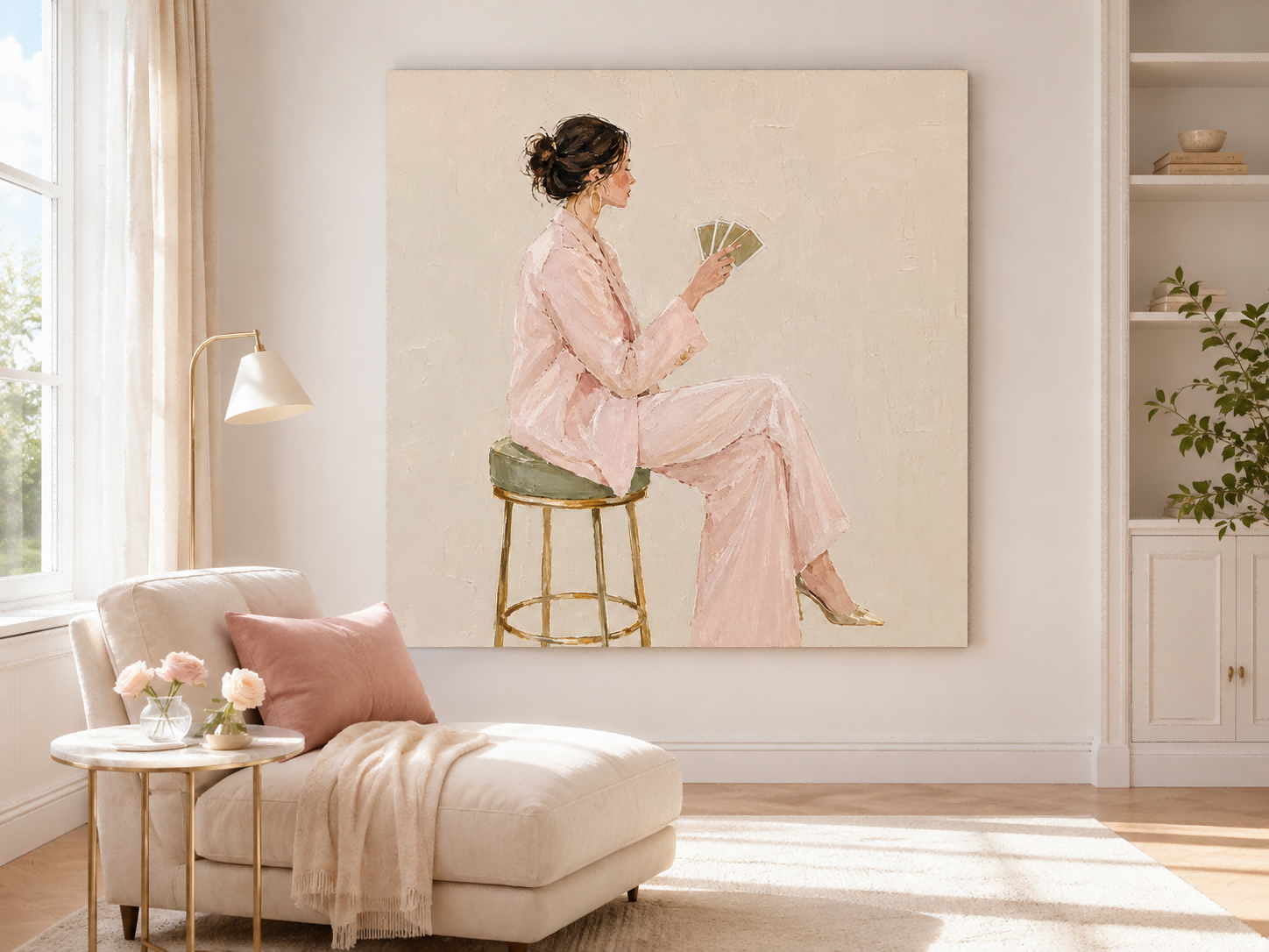 Chic Feminine Portrait Oil Painting Gold Stool Minimalist Art For Lounge Areas