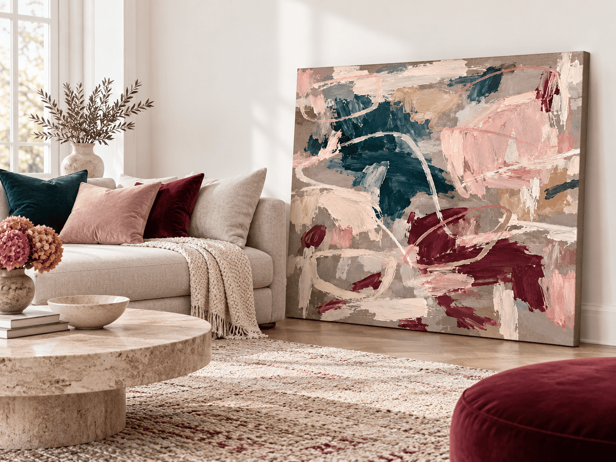 Hand-Painted Abstract Canvas Art With Crimson And Teal Textured Brushstrokes