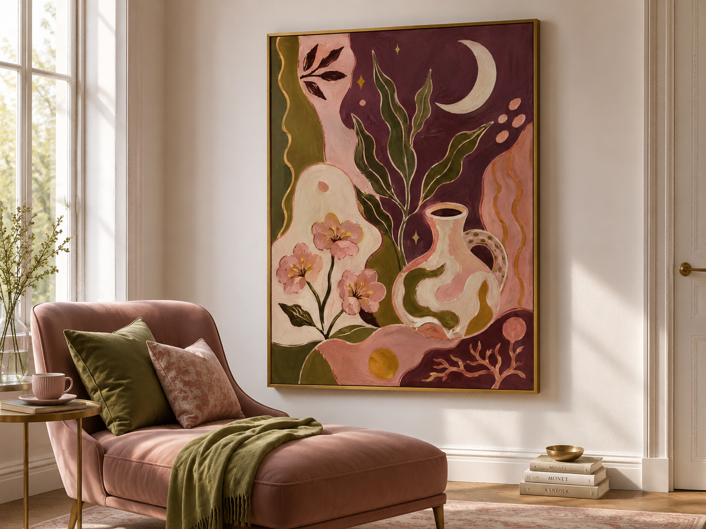 Fantasy Floral And Moon Art Deco Canvas Painting Hand-Painted Original Wall Art