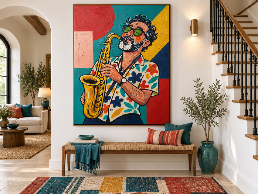 Modern Pop Art Canvas Painting Of A Bearded Man With Glasses Playing Sax In Retro Style