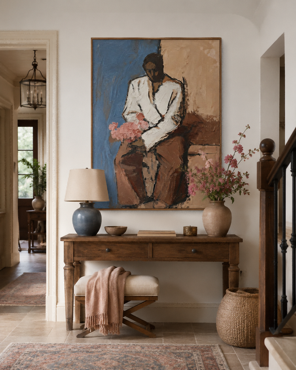 Expressive Figure Art With Thick Brushstrokes And Blue Brown Tones For Study Decor
