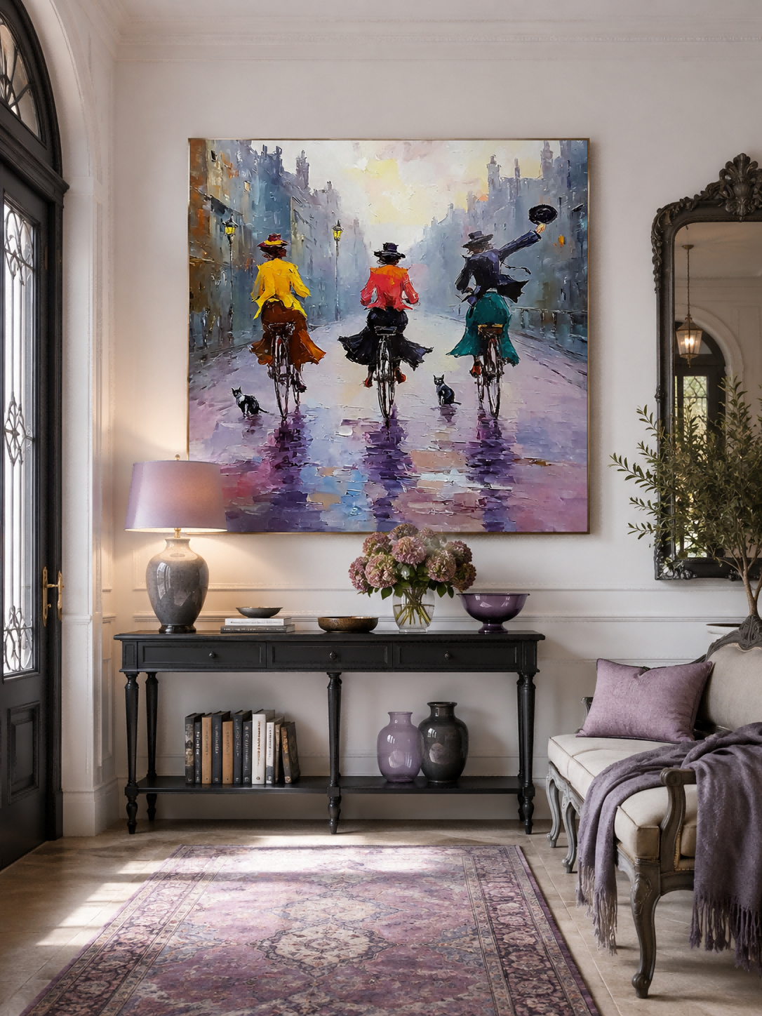 Impressionist Oil Painting Of Women Cycling In Rainy City Street With Cats