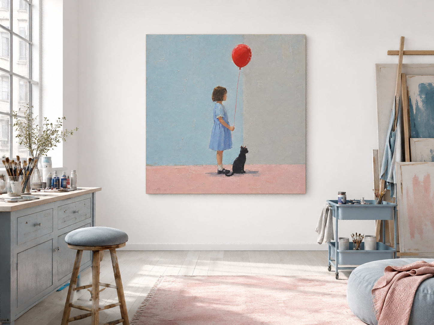 Modern Figurative Wall Art For Living Room Blue Pink Gray Color Scheme