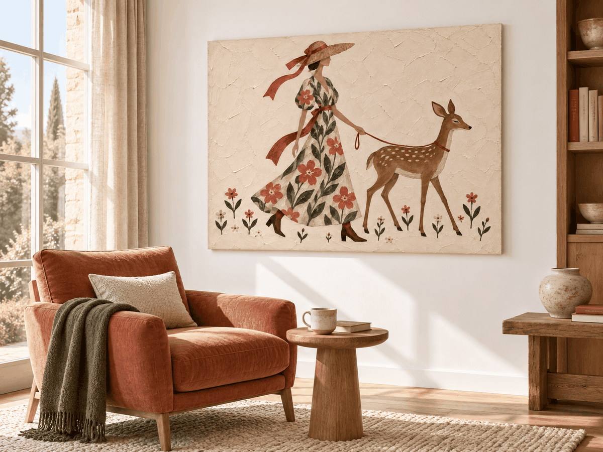 Lady With Deer Floral Hand-Painted Canvas Art In Warm Beige Tones