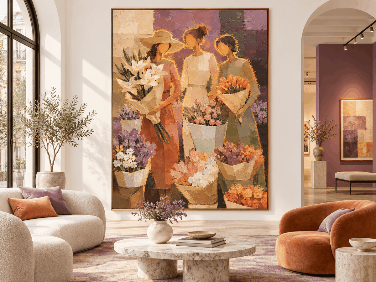 Modern Impressionist Textured Canvas Painting Hand-Painted Floral Market Scene With Three Women Canvas Art