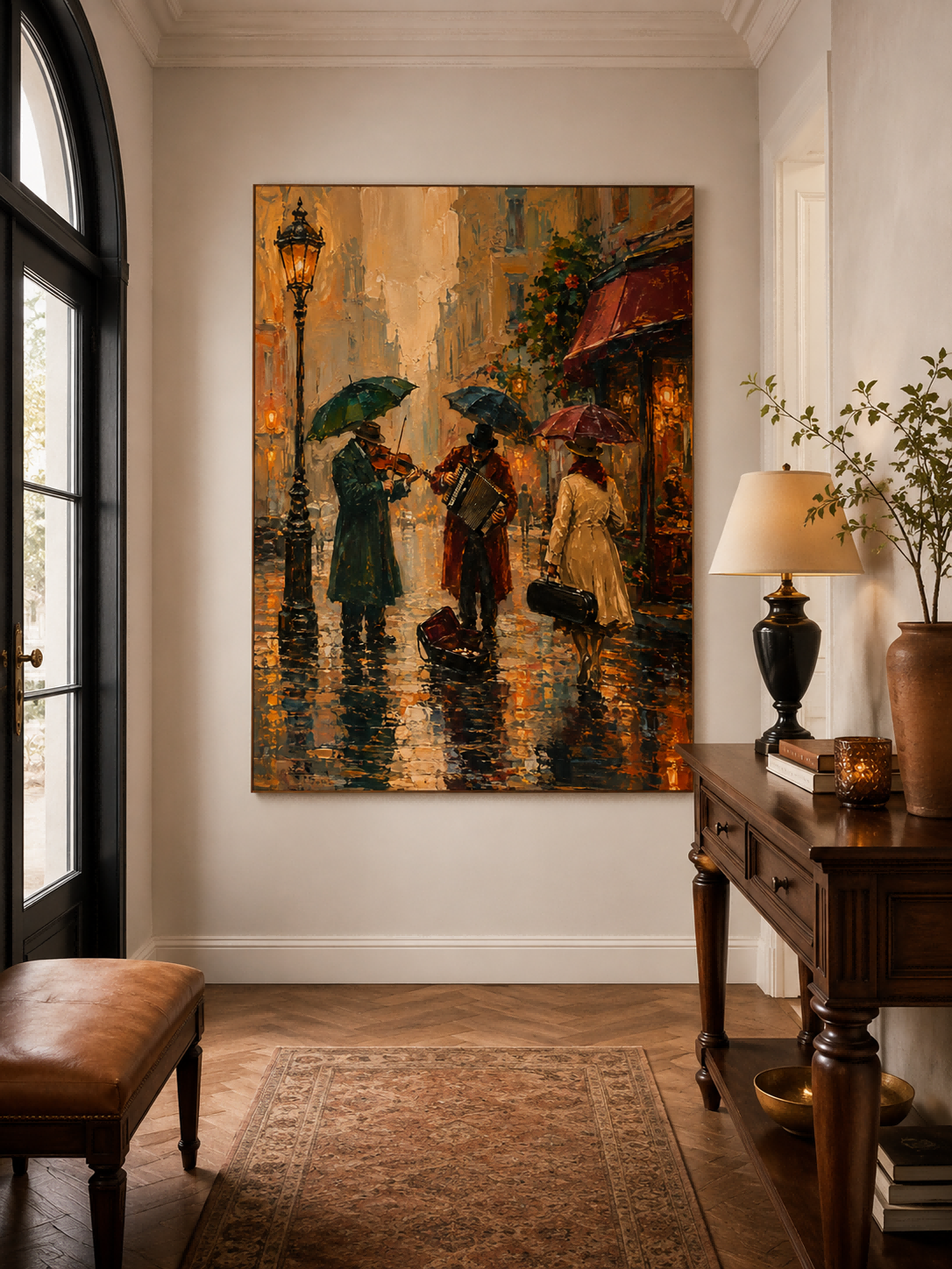 Rainy Street Musicians Oil Painting Vintage City Life Wall Art Decor For Living Room