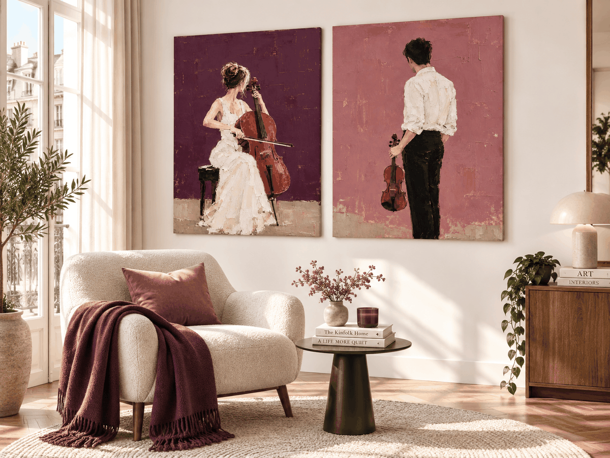 Hand-Painted Music Couple Art With Cello And Violin On Canvas
