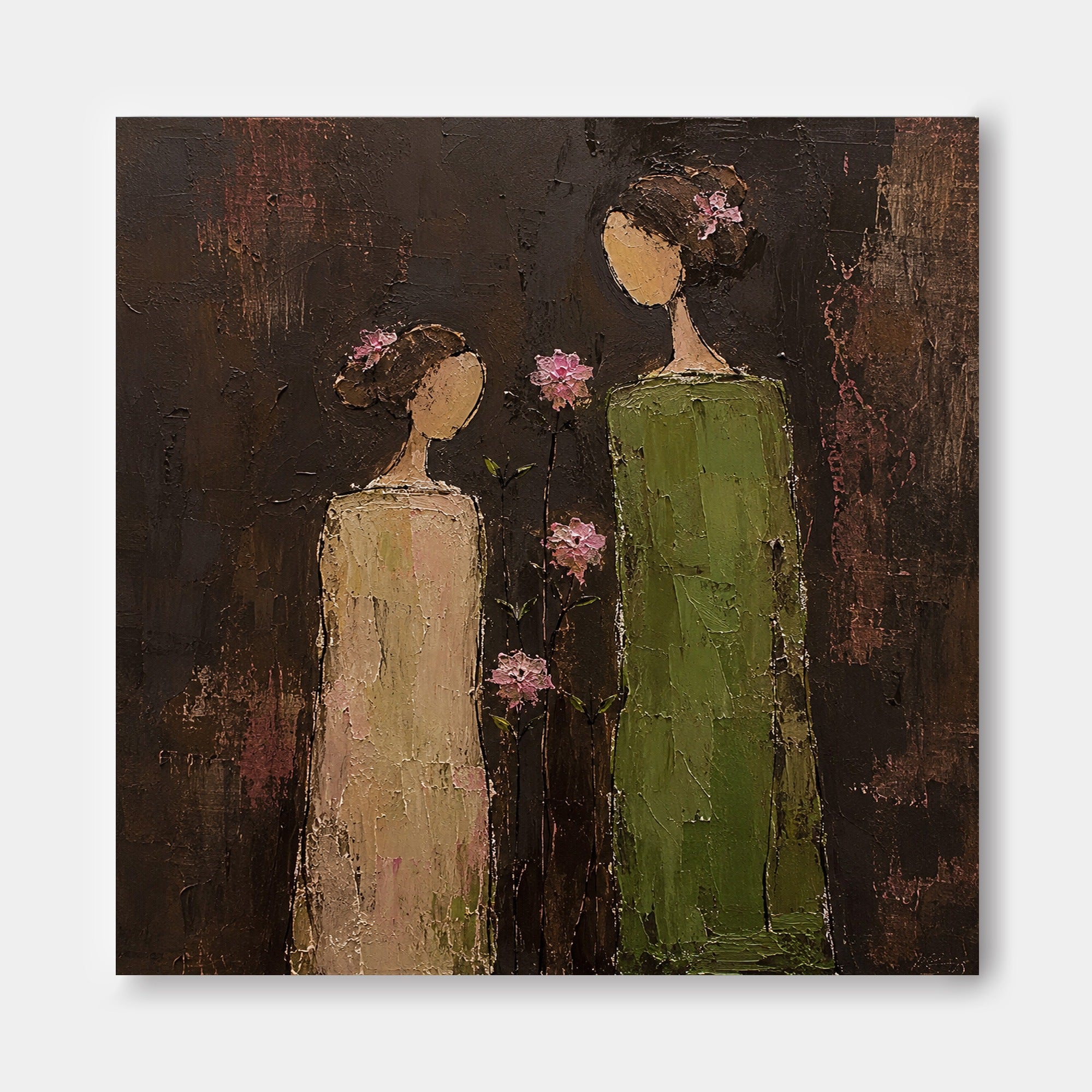 Minimalist Vintage Women Painting With Pink Flowers In Square Canvas Art For Living Room Decor
