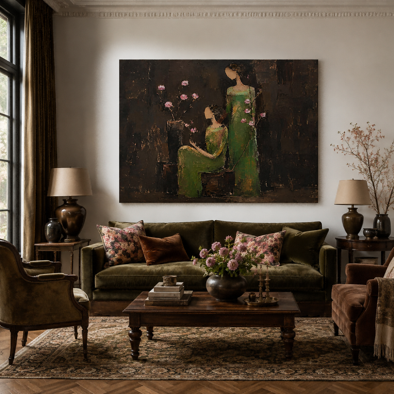 Vintage People Painting With Green Dresses And Pink Flowers For Living Room Wall Decor
