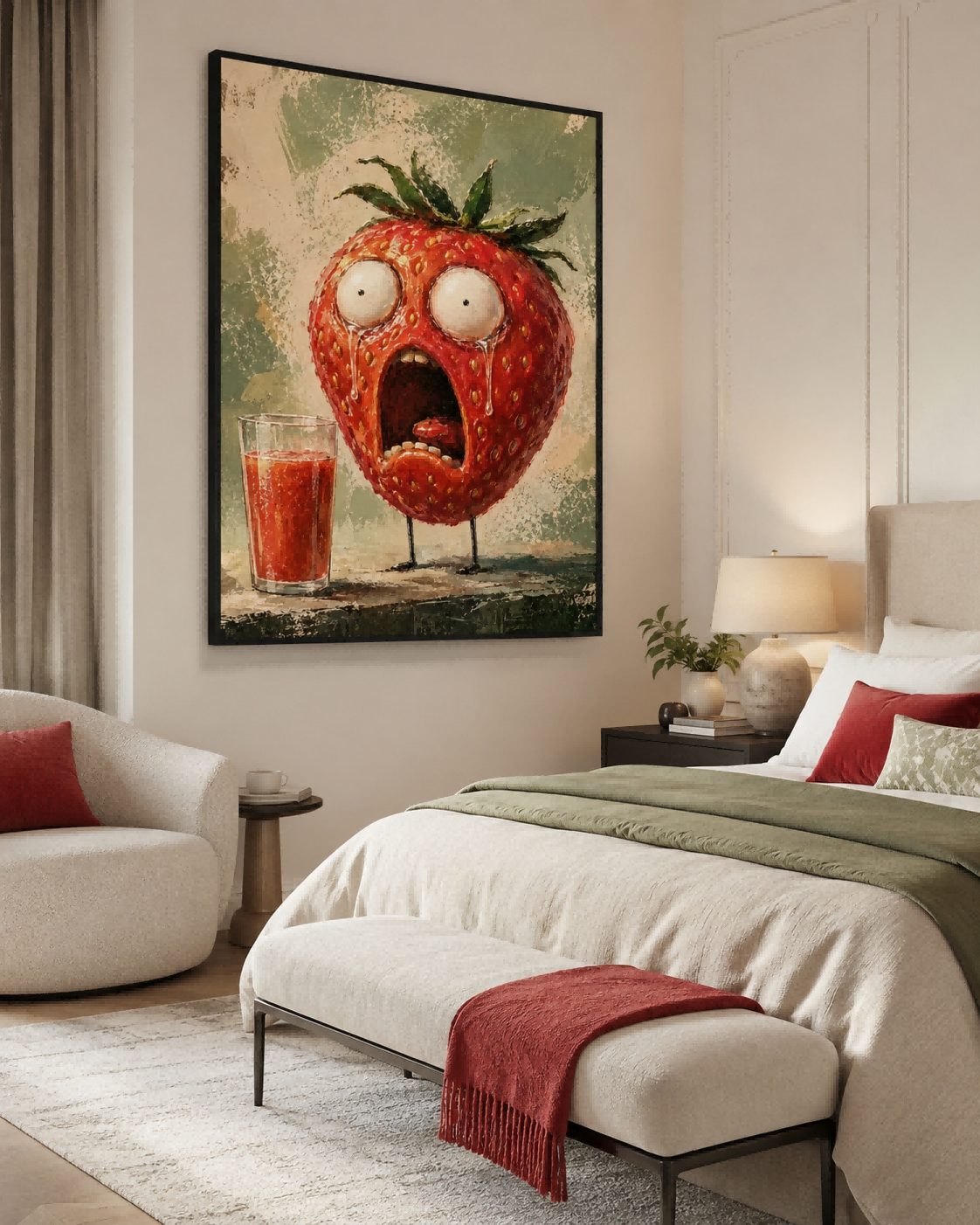 Surreal Anthropomorphic Fruit Art Canvas Featuring A Dramatic Strawberry Character