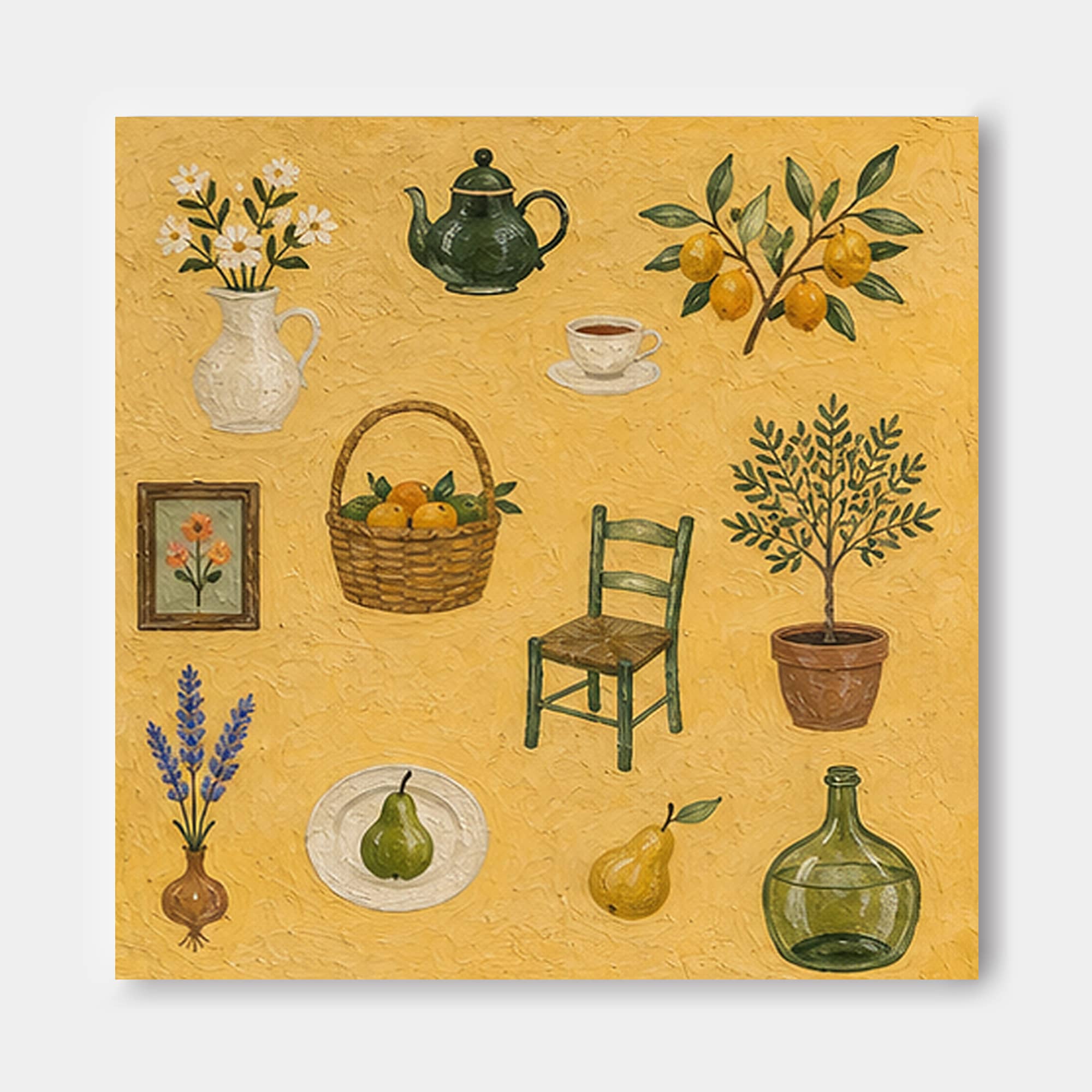 Vintage Pastoral Oil Painting With Lemons And Teapot For Country Kitchen Wall Art Decor