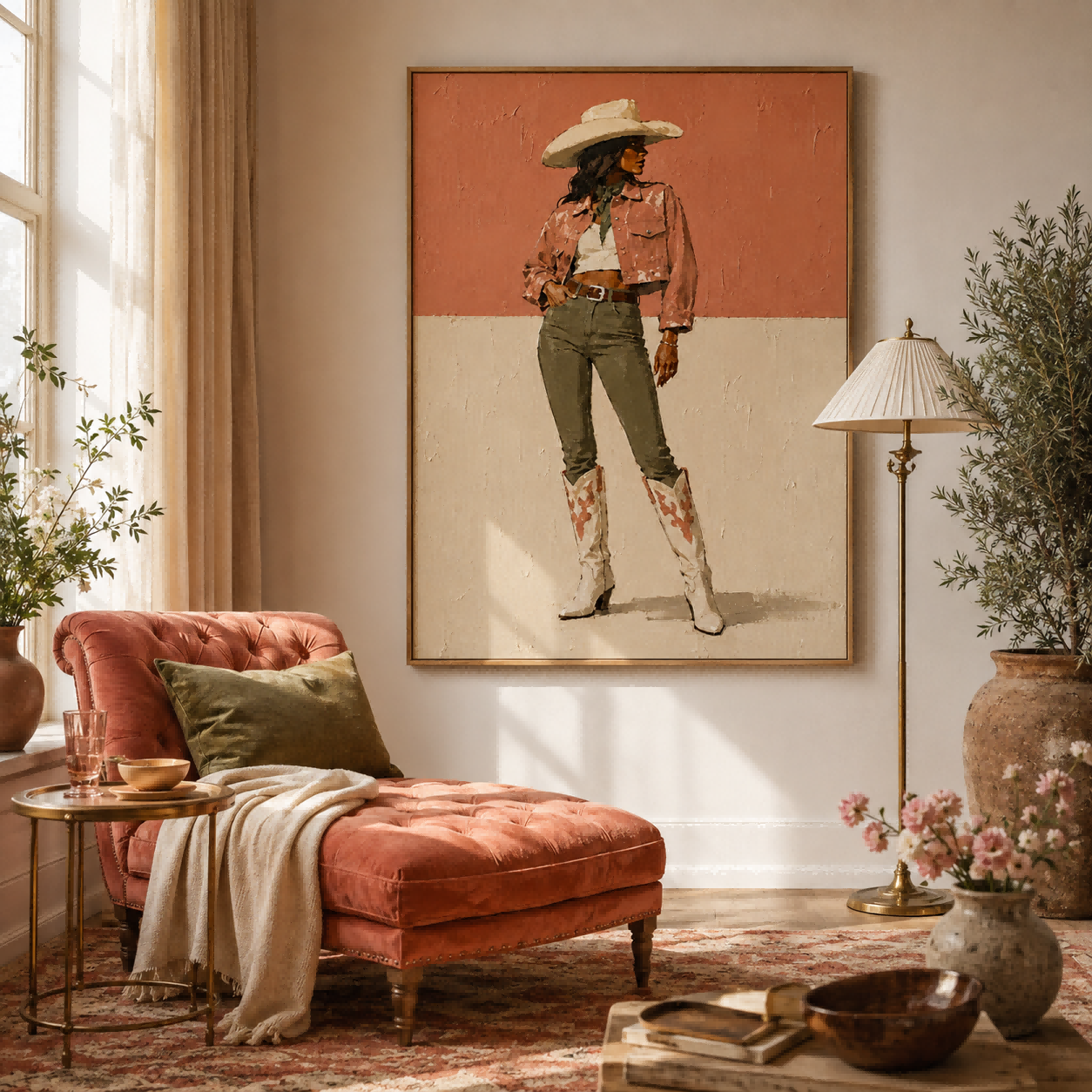 Original Illustrative Female Figure Painting In Retro Style On Linen Canvas