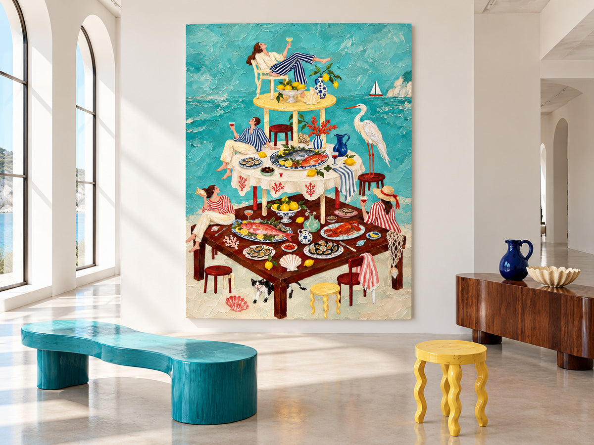 Mediterranean Dining Room Wall Art Vintage Style Seafood Painting Textured Surrealist Modern Art