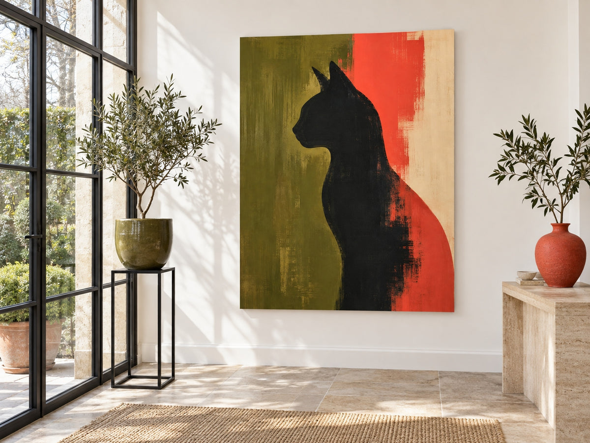 Abstract Geometric Cat Painting Modern Textured Canvas Art In Warm Colors