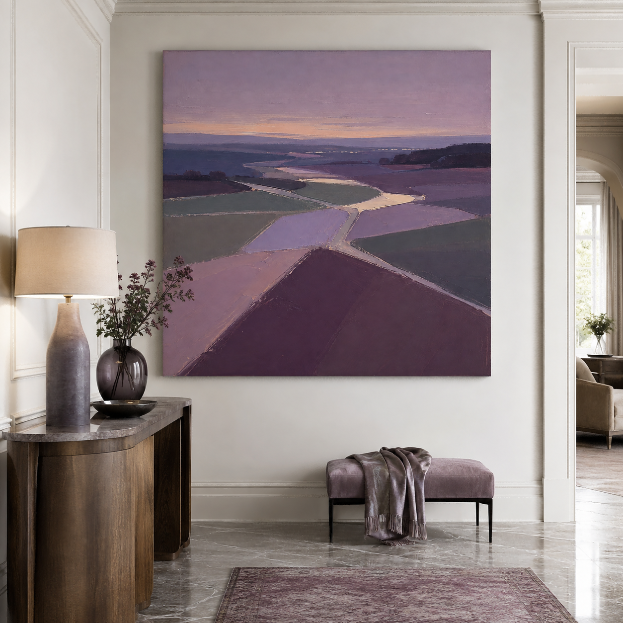 Serene Twilight Purple Field Painting Abstract Geometric Art With Deep Spatial Perspective