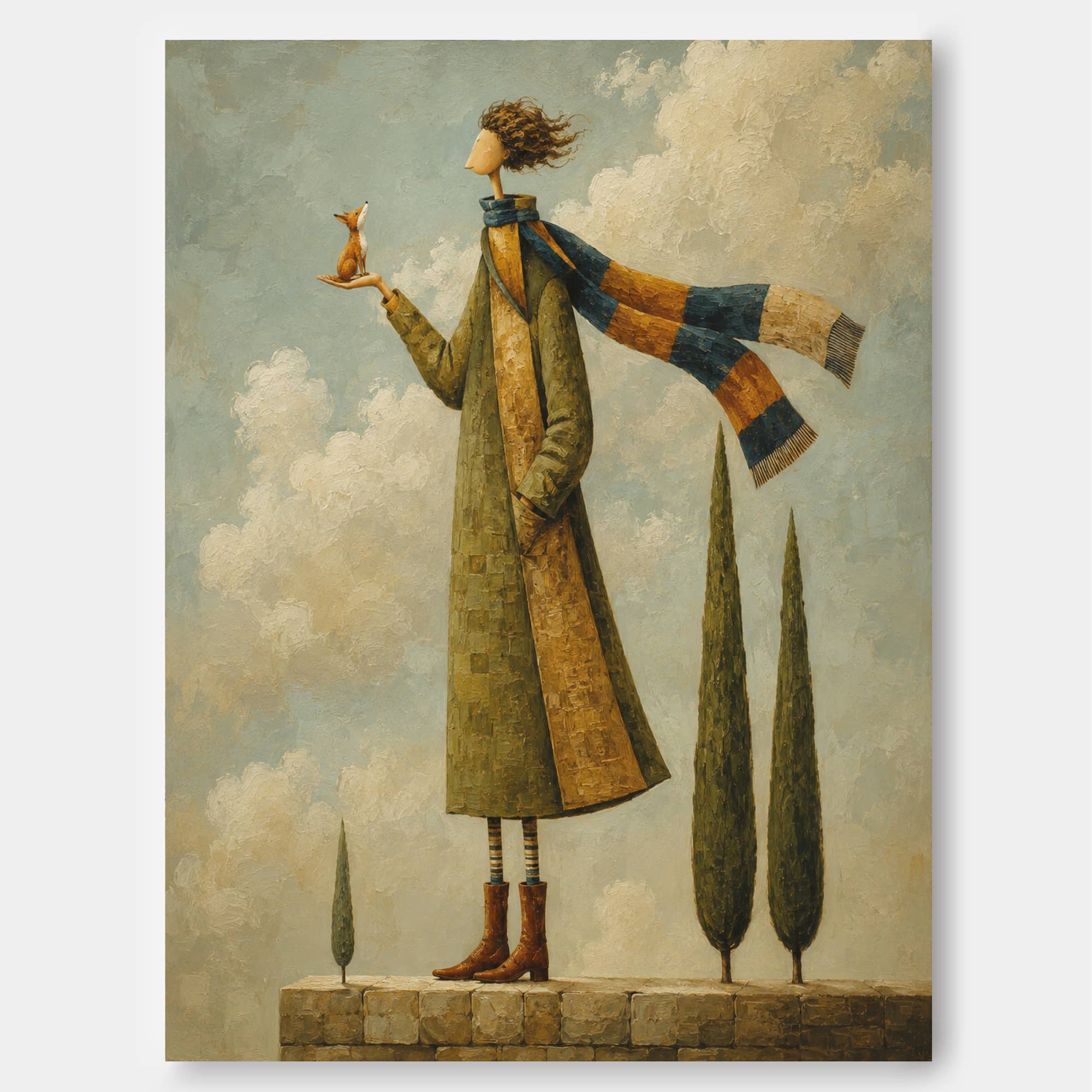 Modern Surrealist Canvas Painting Abstract Figure Art With Impasto Texture And Fox