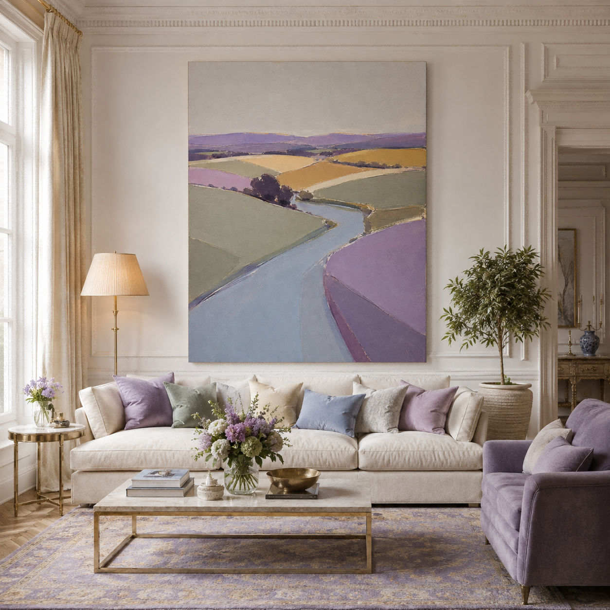 Geometric Abstract Art Canvas Featuring Serene Purple And Green Countryside Scene
