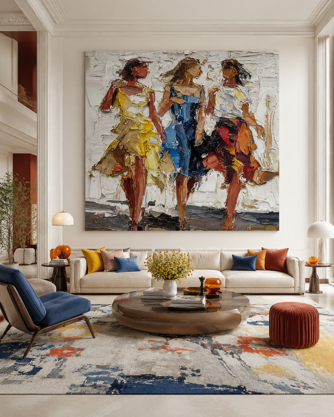 Textured Art Painting Of Three Women Friends With Bold Palette Knife Strokes For Modern Home Decor