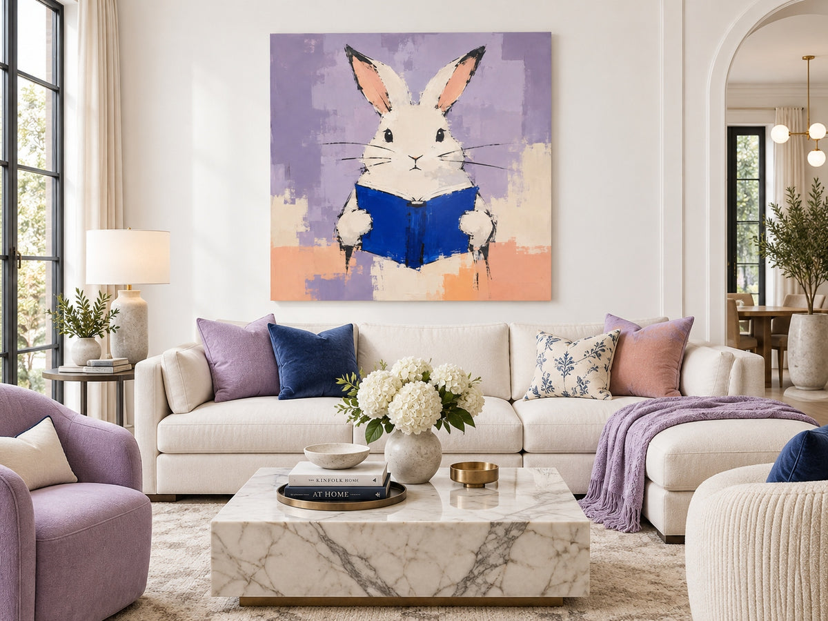 Textured Minimalist Canvas Painting Of Bunny With Book In Modern Style