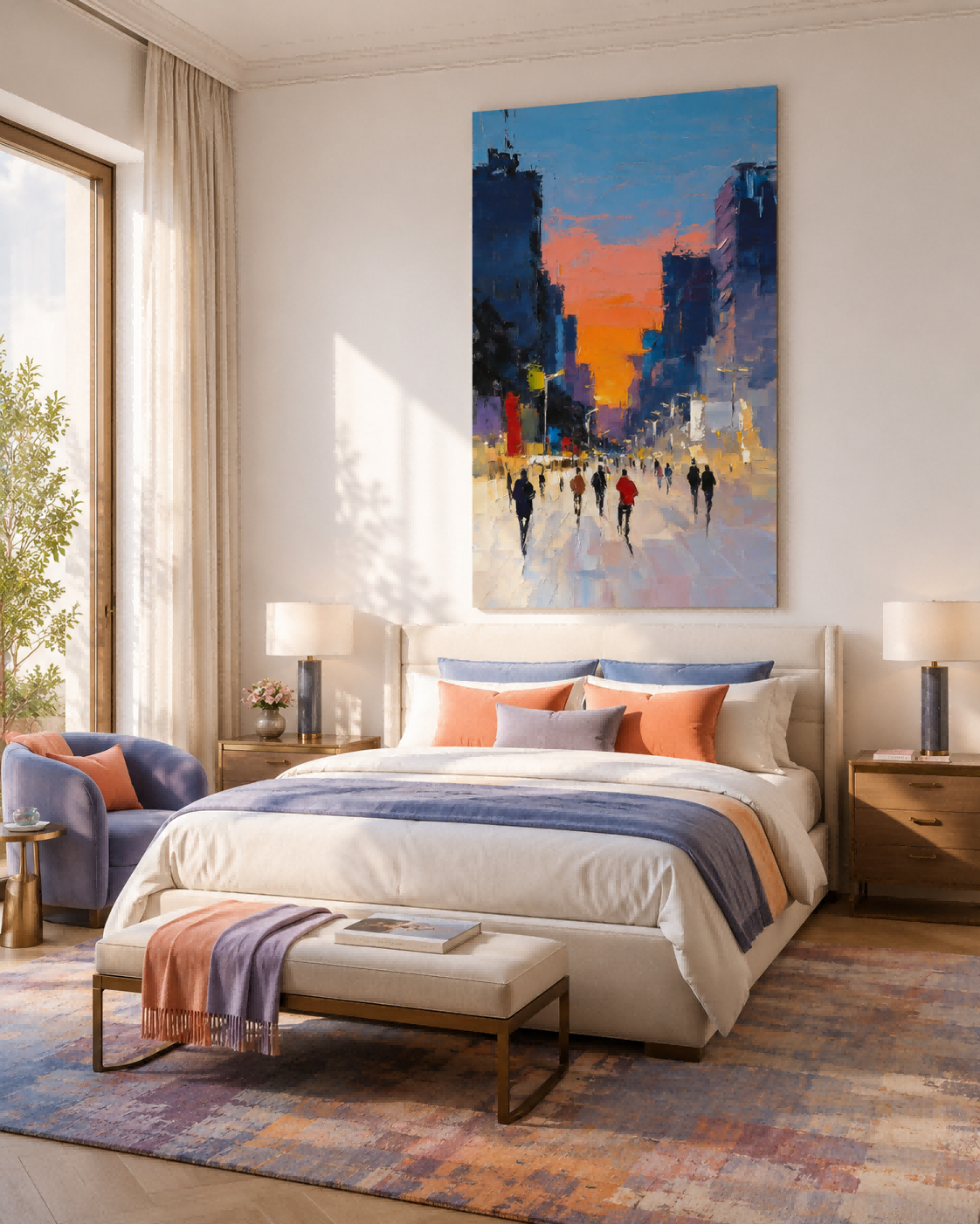 Original Textured Canvas Painting Of City Sunset With Abstract Architecture And People Silhouettes