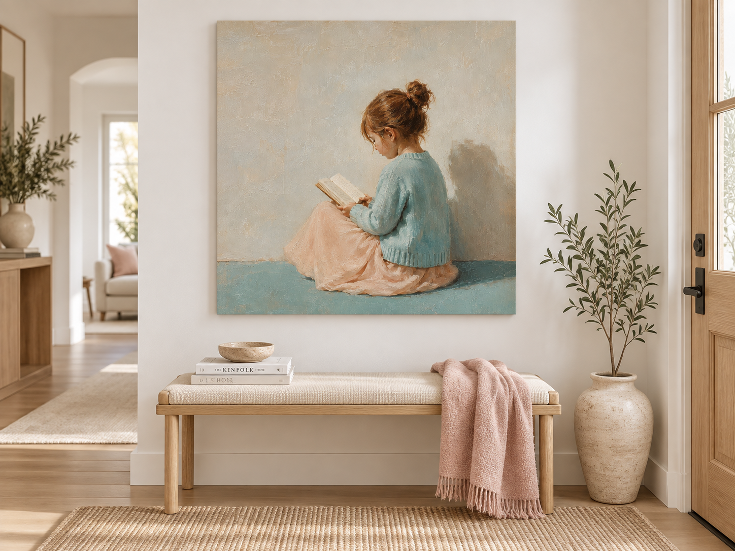 Girl Reading Book Hand-Painted Canvas Art With Blue Sweater And Gray Wall