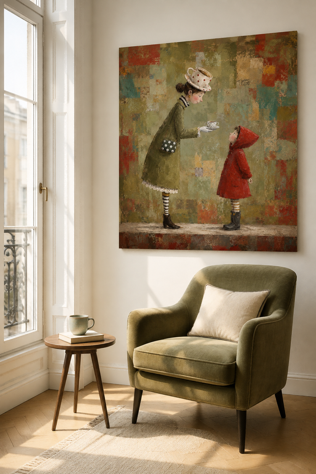 Hand-Painted Woman And Child Canvas Art With Vintage Tea Theme