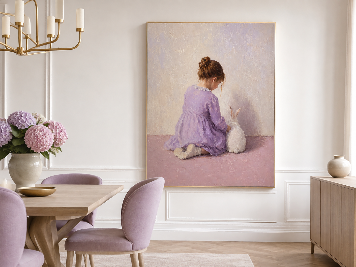 Classic Nursery Wall Art Girl And Bunny Painting For Kids Room