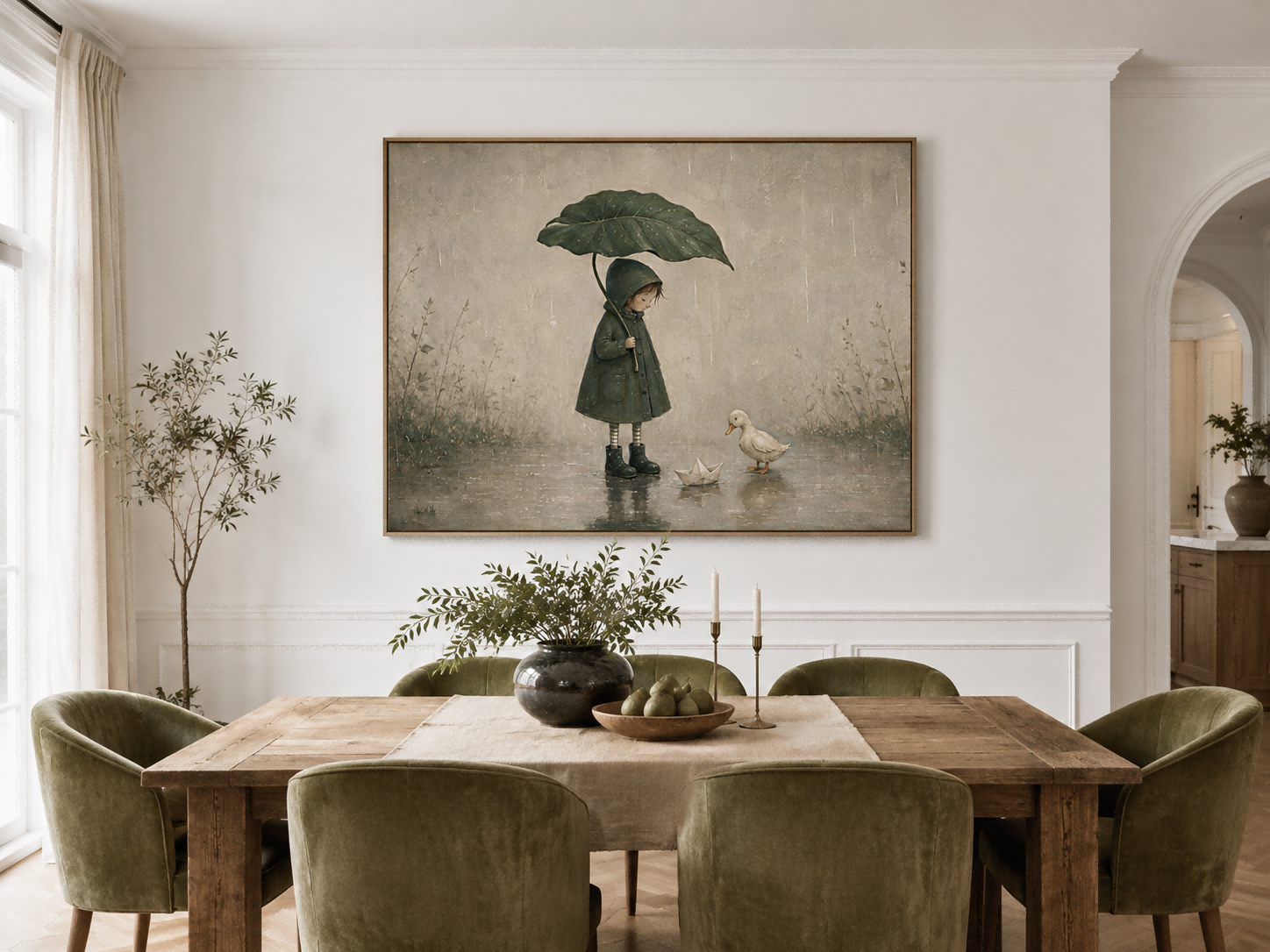 Vintage Style Rain Scene Painting With Paper Boat And Duckling For Wall Decor